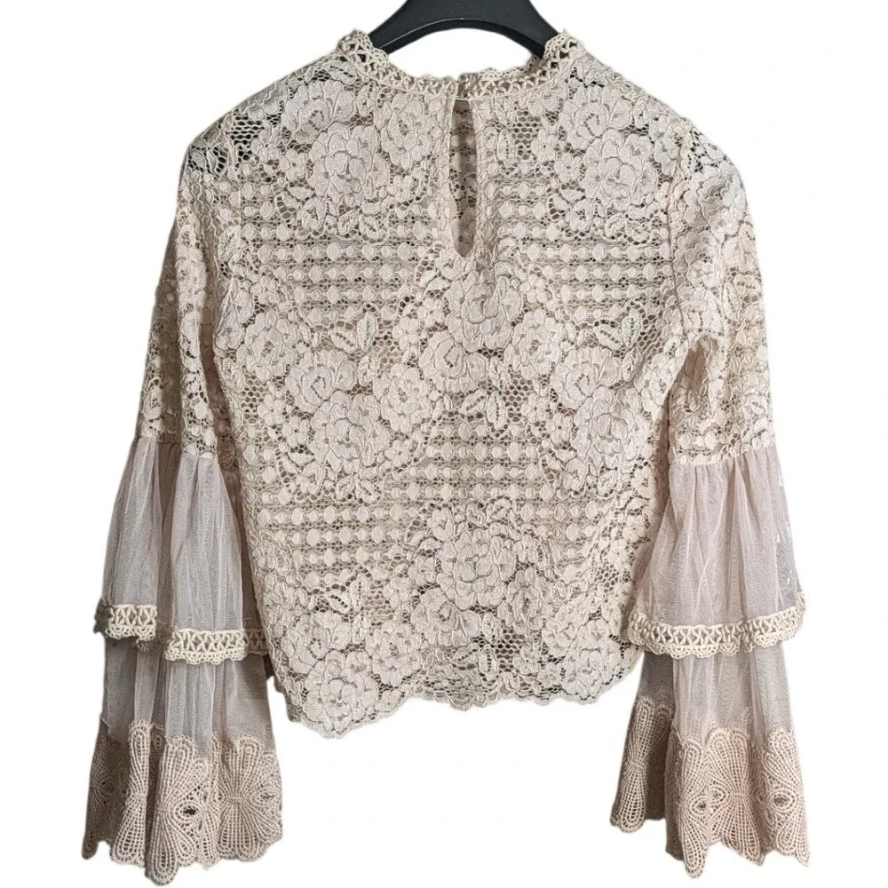Boho Fairy Top S Bell Sleeve Floral Lace Mesh Sheer Hippie Festival Feminine